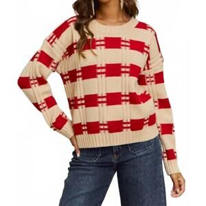 NEW SO ME textured stripe crew neck sweater knit top in red ivory